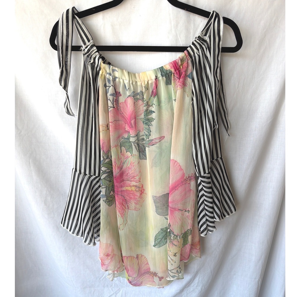 Casa Lee Chiffon Blouse Floral Striped Cold Shoulder Bell Sleeve Womens Medium
